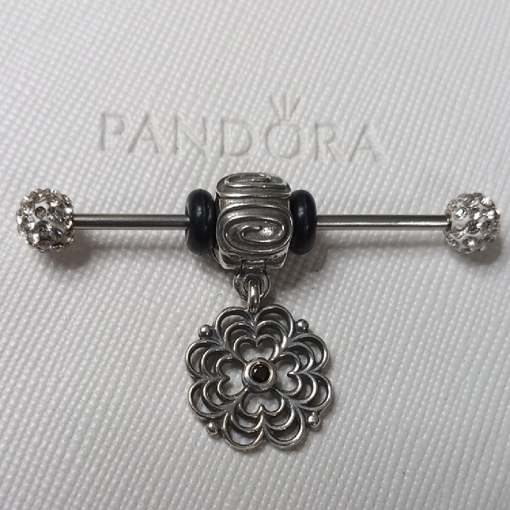 Pandora Clip Vintage Silver Black CZ Dogwood Dangle /Pendant